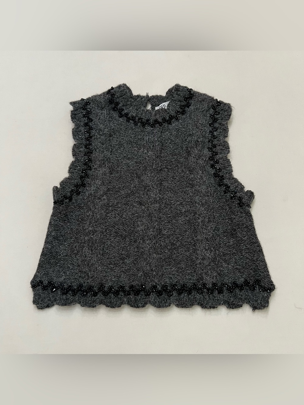 ZARA Beaded Knit Sleeveless Sweater Sz Small Embellished Charcoal Gray NWT